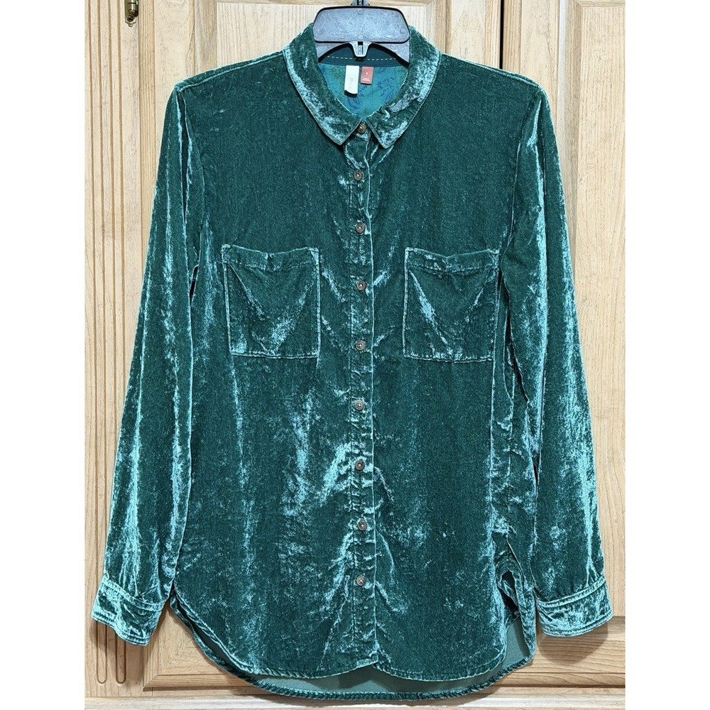 Pilcro Anthropologie Velvet Button Down Shirt Women's Size S Green Pocket Boho
